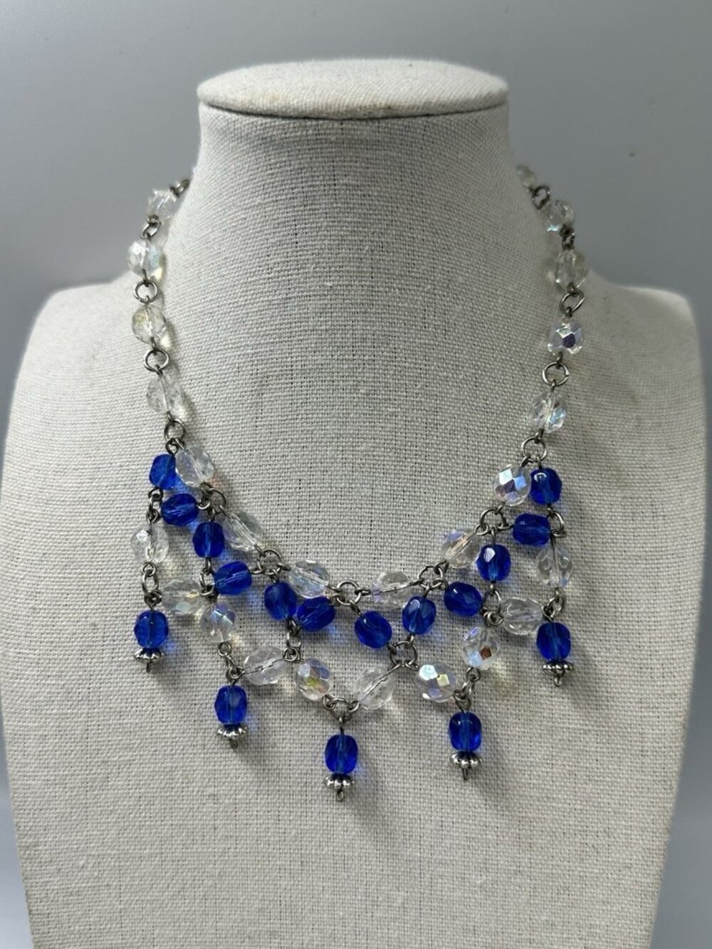 Vintage Necklace Blue Clear Aurora Borealis Bead Double Strand Dangle Statement